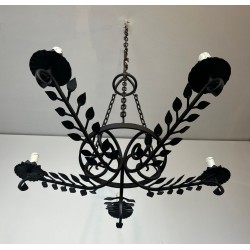 Wrought Iron Chandelier, 5 Arms, Leaf Décor, French Artisan, circa 1950