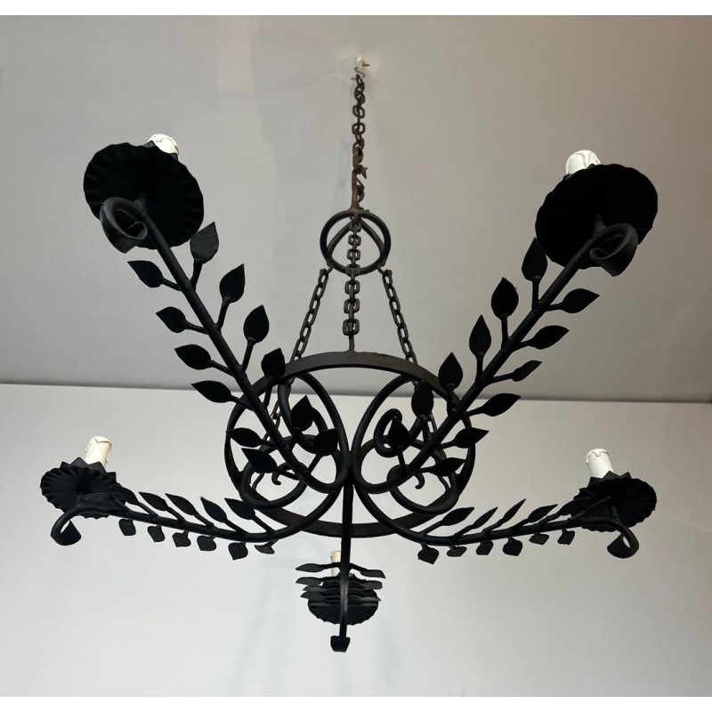 Wrought Iron Chandelier, 5 Arms, Leaf Décor, French Artisan, circa 1950