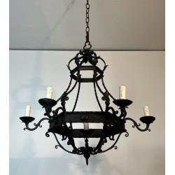 Wrought Iron Cage Chandelier, 7 Lights, Gothic Style, French, circa 1950