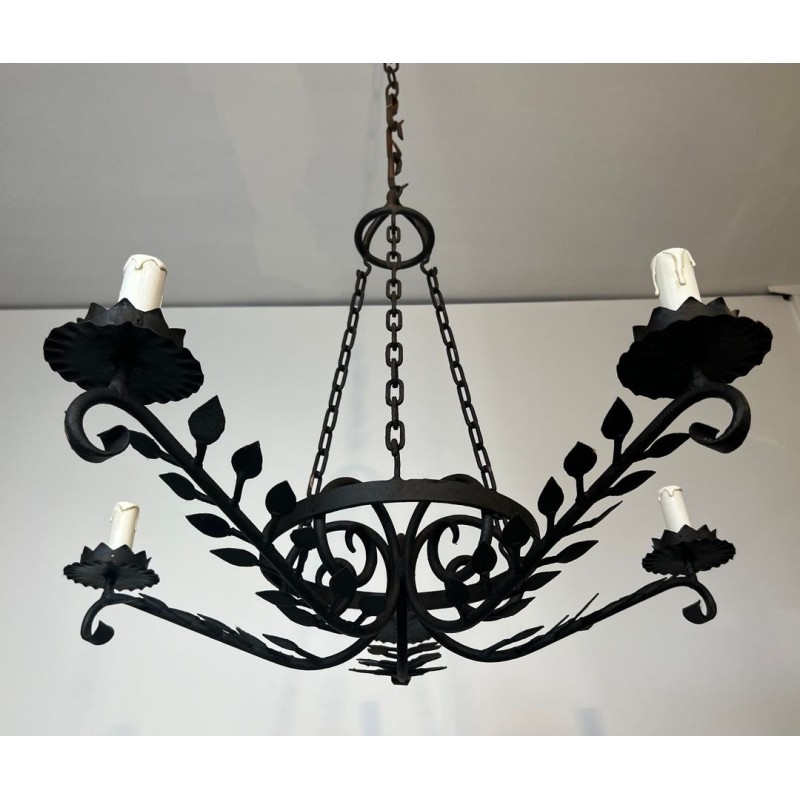 Wrought Iron Chandelier, 5 Arms, Leaf Décor, French Artisan, circa 1950