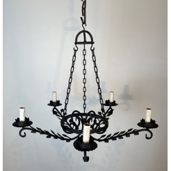 Wrought Iron Chandelier, 5 Arms, Leaf Décor, French Artisan, circa 1950