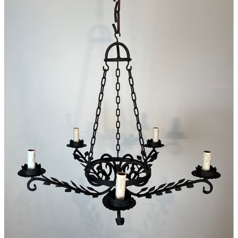 Wrought Iron Chandelier, 5 Arms, Leaf Décor, French Artisan, circa 1950