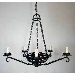 Wrought Iron Chandelier, 5 Arms, Leaf Décor, French Artisan, circa 1950