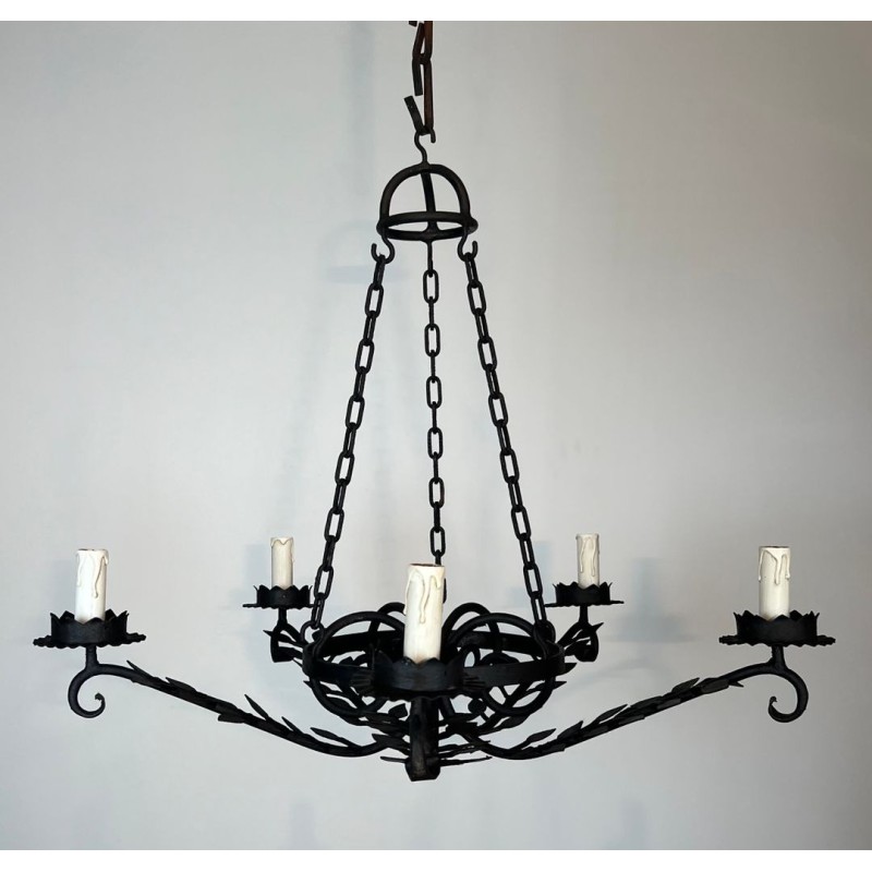 Wrought Iron Chandelier, 5 Arms, Leaf Décor, French Artisan, circa 1950