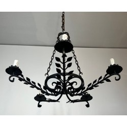 Wrought Iron Chandelier, 5 Arms, Leaf Décor, French Artisan, circa 1950