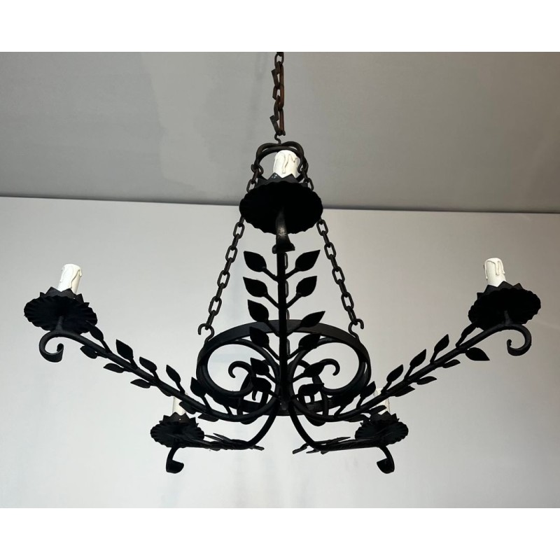 Wrought Iron Chandelier, 5 Arms, Leaf Décor, French Artisan, circa 1950