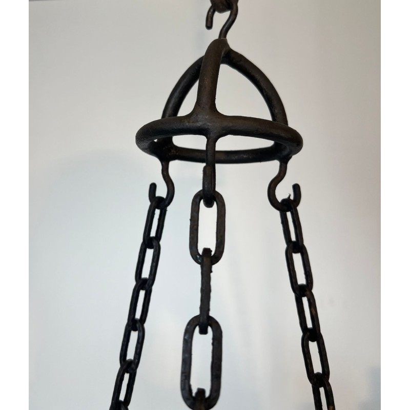 Wrought Iron Chandelier, 5 Arms, Leaf Décor, French Artisan, circa 1950