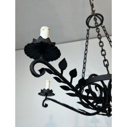 Wrought Iron Chandelier, 5 Arms, Leaf Décor, French Artisan, circa 1950