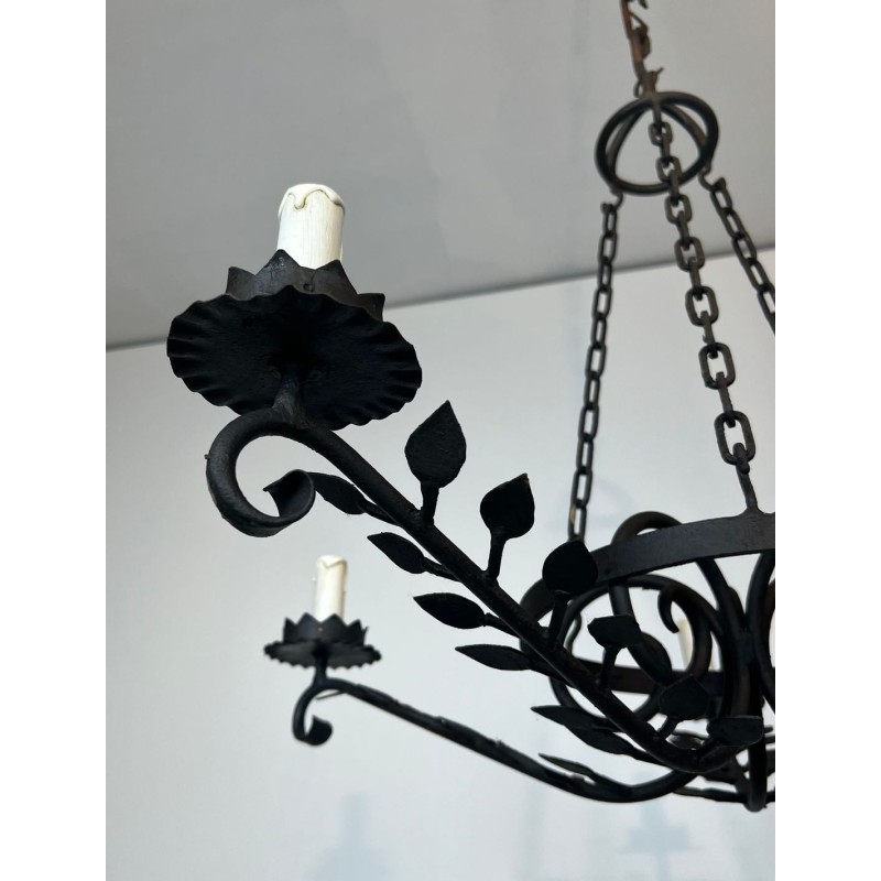 Wrought Iron Chandelier, 5 Arms, Leaf Décor, French Artisan, circa 1950