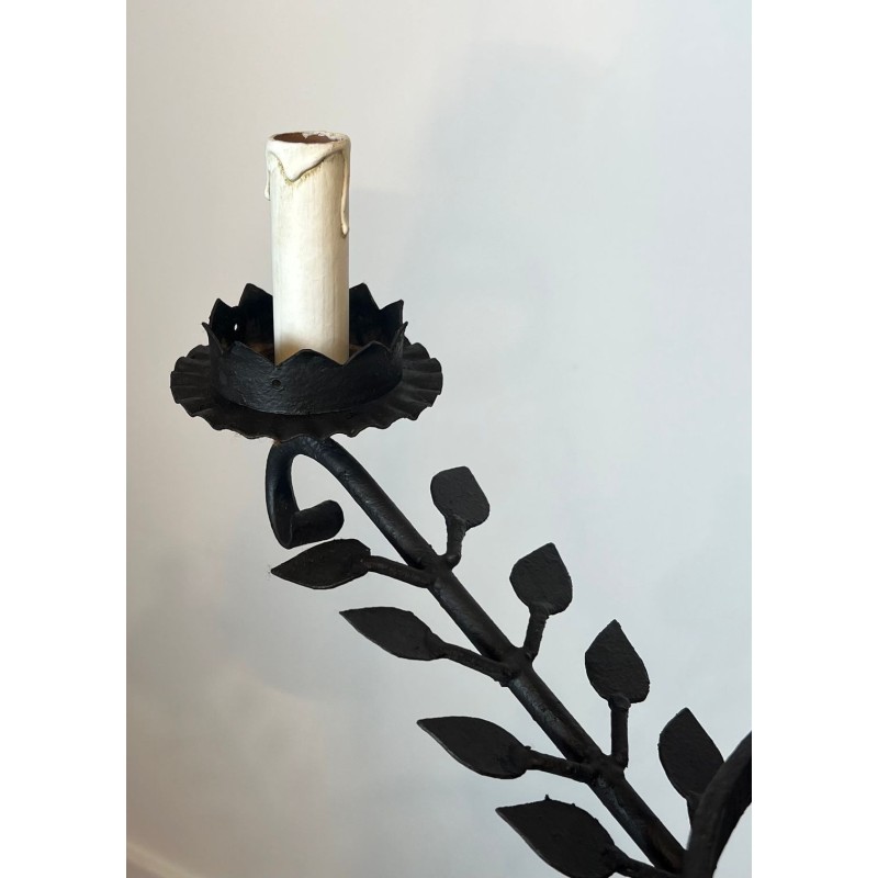 Wrought Iron Chandelier, 5 Arms, Leaf Décor, French Artisan, circa 1950