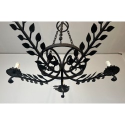 Wrought Iron Chandelier, 5 Arms, Leaf Décor, French Artisan, circa 1950