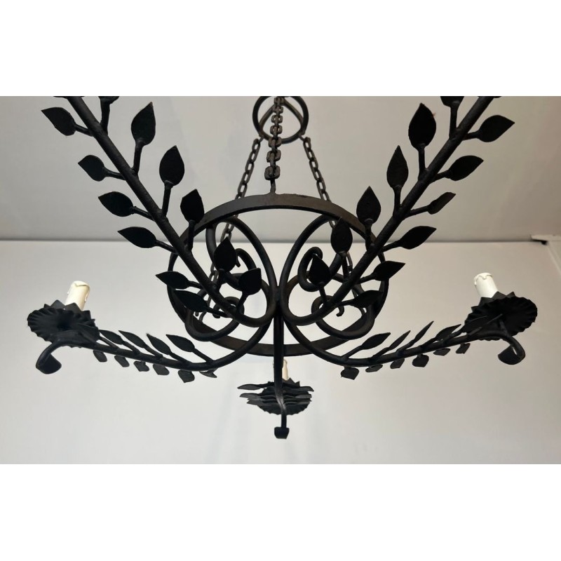 Wrought Iron Chandelier, 5 Arms, Leaf Décor, French Artisan, circa 1950
