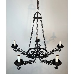 Wrought Iron Chandelier, 5 Arms, Leaf Décor, French Artisan, circa 1950
