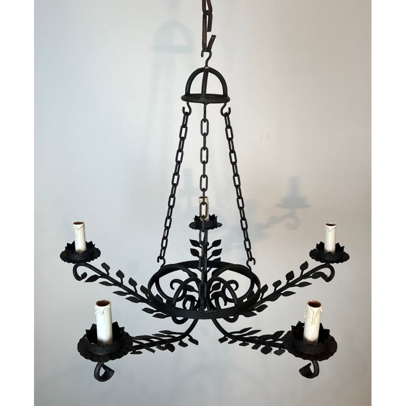 Wrought Iron Chandelier, 5 Arms, Leaf Décor, French Artisan, circa 1950