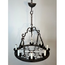 Round Wrought Iron Chandelier, 8 Lights, Gothic Style, French, circa 1950