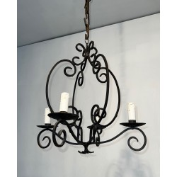 Wrought Iron Chandelier, 4 Arms, French Artisan Work, circa 1950