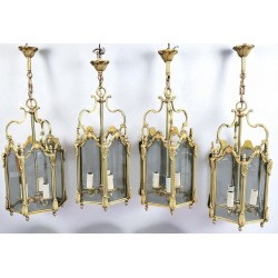 Set of Four Hexagonal Bronze and Glass Lanterns, Louis XV Style, French, circa 1950