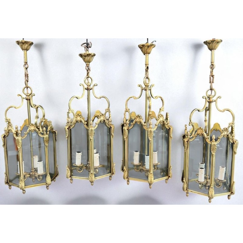Set of Four Hexagonal Bronze and Glass Lanterns, Louis XV Style, French, circa 1950