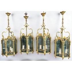 Set of Four Hexagonal Bronze and Glass Lanterns, Louis XV Style, French, circa 1950