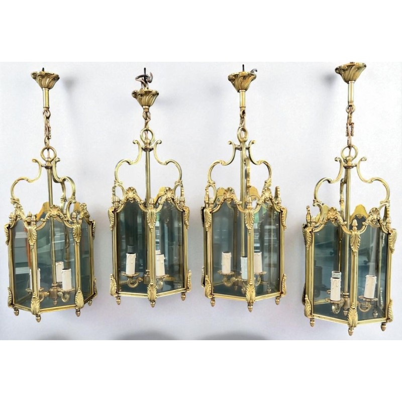 Set of Four Hexagonal Bronze and Glass Lanterns, Louis XV Style, French, circa 1950