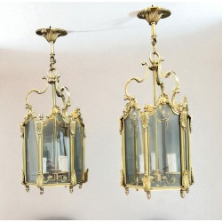 Set of Four Hexagonal Bronze and Glass Lanterns, Louis XV Style, French, circa 1950