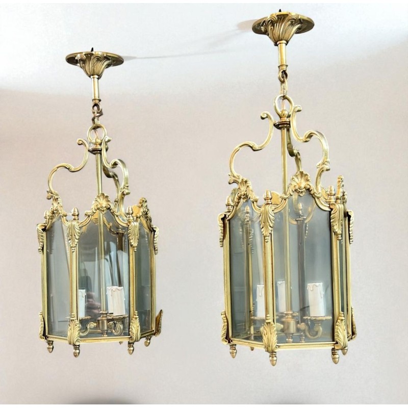 Set of Four Hexagonal Bronze and Glass Lanterns, Louis XV Style, French, circa 1950