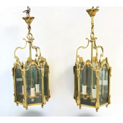 Set of Four Hexagonal Bronze and Glass Lanterns, Louis XV Style, French, circa 1950