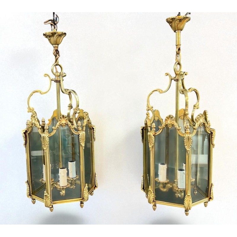 Set of Four Hexagonal Bronze and Glass Lanterns, Louis XV Style, French, circa 1950