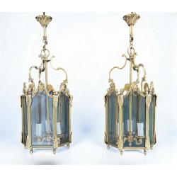 Set of Four Hexagonal Bronze and Glass Lanterns, Louis XV Style, French, circa 1950