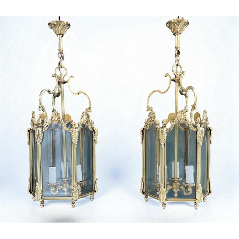Set of Four Hexagonal Bronze and Glass Lanterns, Louis XV Style, French, circa 1950