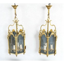 Set of Four Hexagonal Bronze and Glass Lanterns, Louis XV Style, French, circa 1950