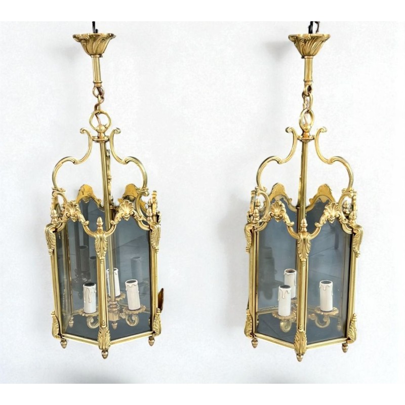 Set of Four Hexagonal Bronze and Glass Lanterns, Louis XV Style, French, circa 1950