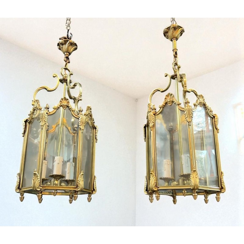 Set of Four Hexagonal Bronze and Glass Lanterns, Louis XV Style, French, circa 1950
