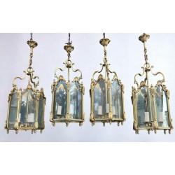 Set of Four Hexagonal Bronze and Glass Lanterns, Louis XV Style, French, circa 1950