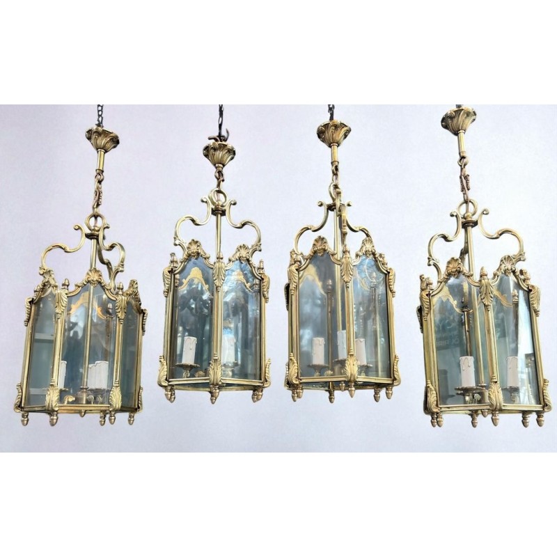 Set of Four Hexagonal Bronze and Glass Lanterns, Louis XV Style, French, circa 1950