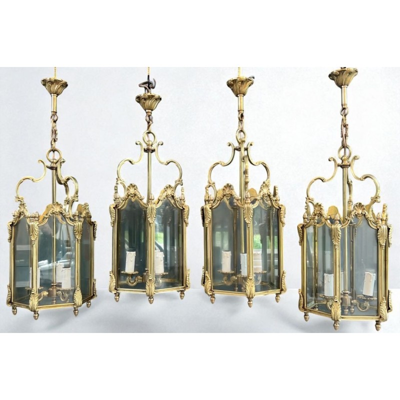 Set of Four Hexagonal Bronze and Glass Lanterns, Louis XV Style, French, circa 1950