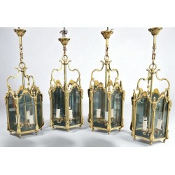 Set of Four Hexagonal Bronze and Glass Lanterns, Louis XV Style, French, circa 1950