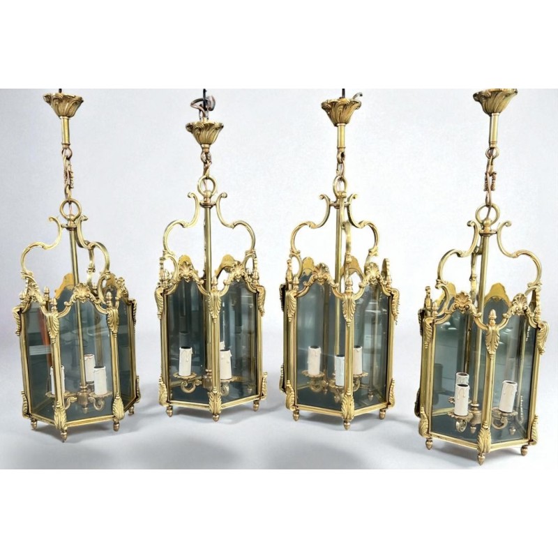 Set of Four Hexagonal Bronze and Glass Lanterns, Louis XV Style, French, circa 1950