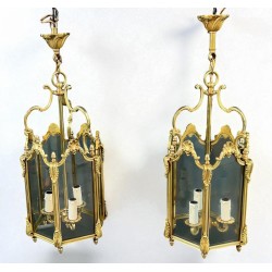 Set of Four Hexagonal Bronze and Glass Lanterns, Louis XV Style, French, circa 1950