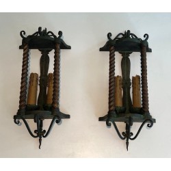 Pair of Wrought Iron Wall Lanterns, Green Patina and Gilding, French, circa 1940