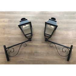 Pair of Large Iron Exterior Lanterns on Brackets, French, circa 1950