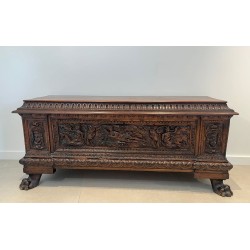 Large Richly Carved Walnut Cassone on Claw Feet, Italian Renaissance, 17th Century