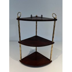 Faux-Bamboo Brass and Mahogany Corner Shelf, in the Style of Baguès, France, circa 1940