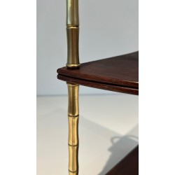 Faux-Bamboo Brass and Mahogany Corner Shelf, in the Style of Baguès, France, circa 1940