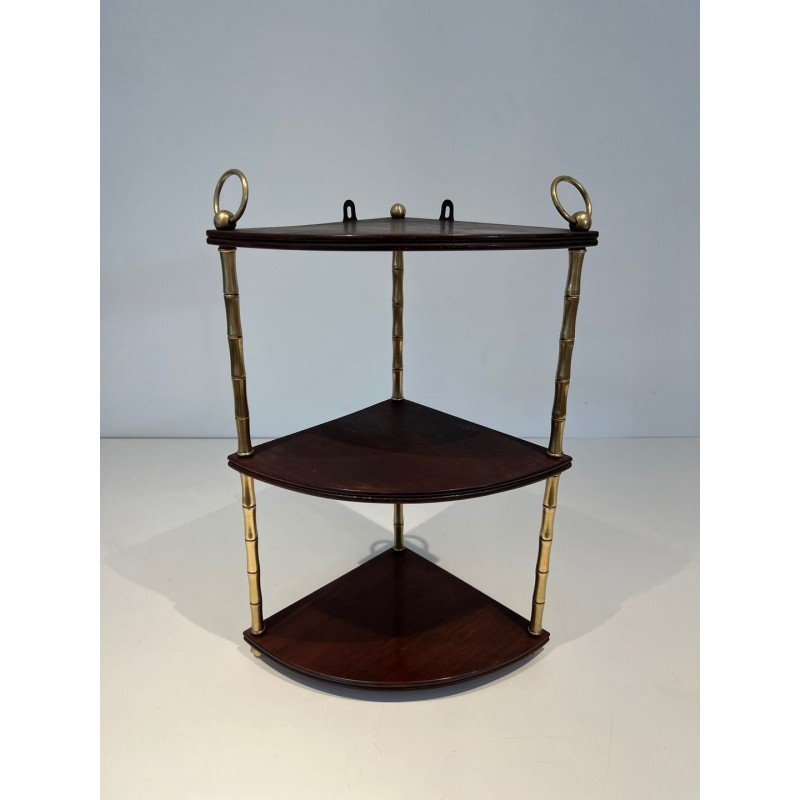 Faux-Bamboo Brass and Mahogany Corner Shelf, in the Style of Baguès, France, circa 1940