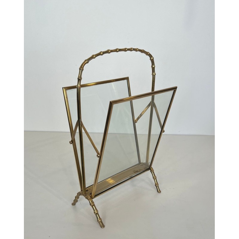 Magazine Rack in Faux-Bamboo Bronze and Brass by Maison Baguès, French, circa 1940