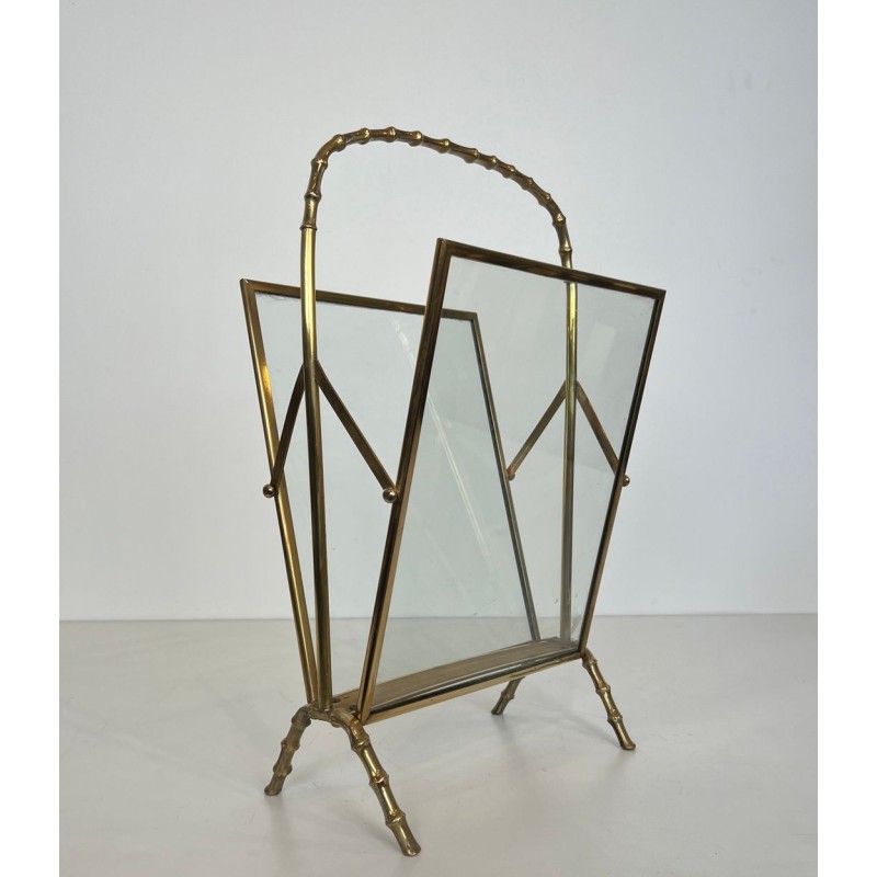 Magazine Rack in Faux-Bamboo Bronze and Brass by Maison Baguès, French, circa 1940