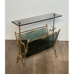 Magazine Rack in Brass and Blue-Tinted Glass, Art Déco, French, circa 1940