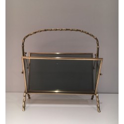 Magazine Rack in Brass Faux-Bamboo with Tinted Glass Panels, Maison Baguès, French, circa 1940