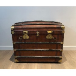 Domed Travel Trunk in Leather, Wood and Brass, French, circa 1900